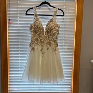 Xscape Ivory and Gold Embellished Mini Dress